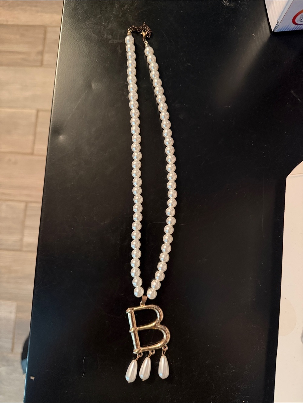 Pearl Necklace with Gold 'B' Initial Pendant - White